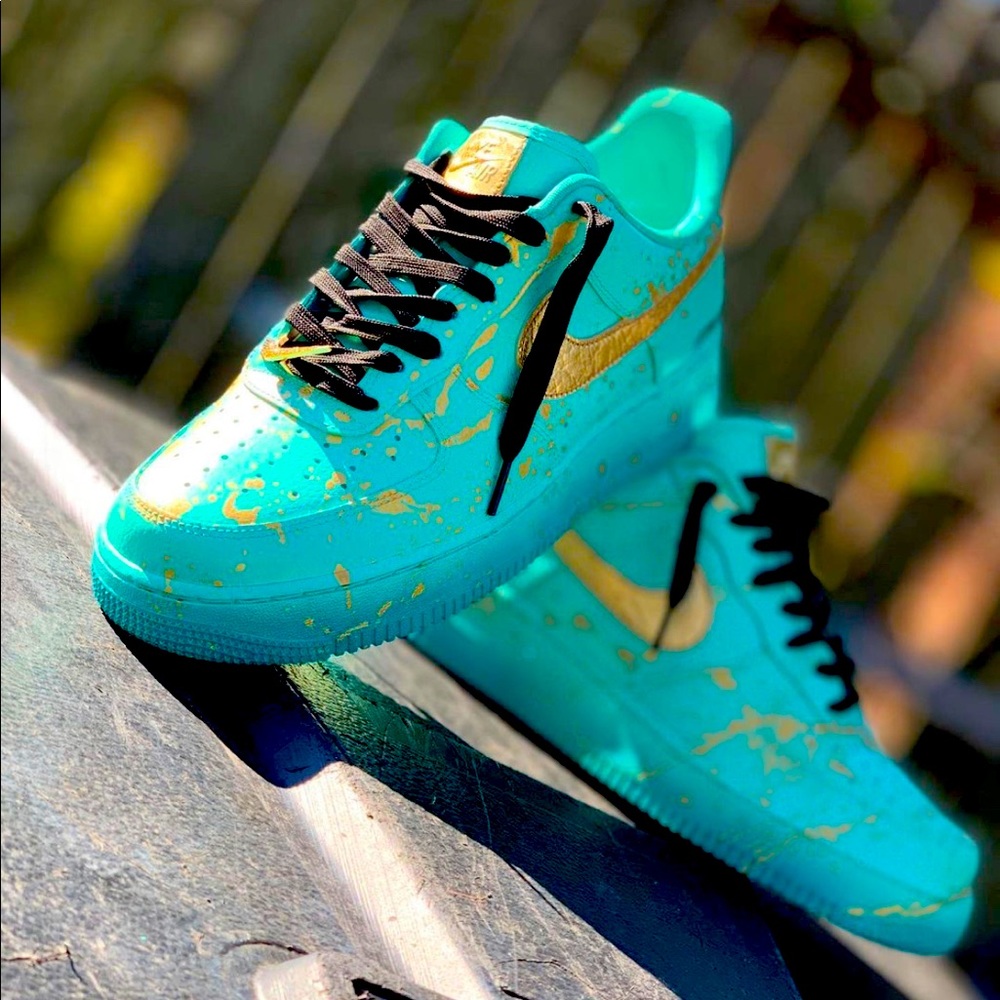 Custom turquoise/gold flaked Nike Air Force 1s